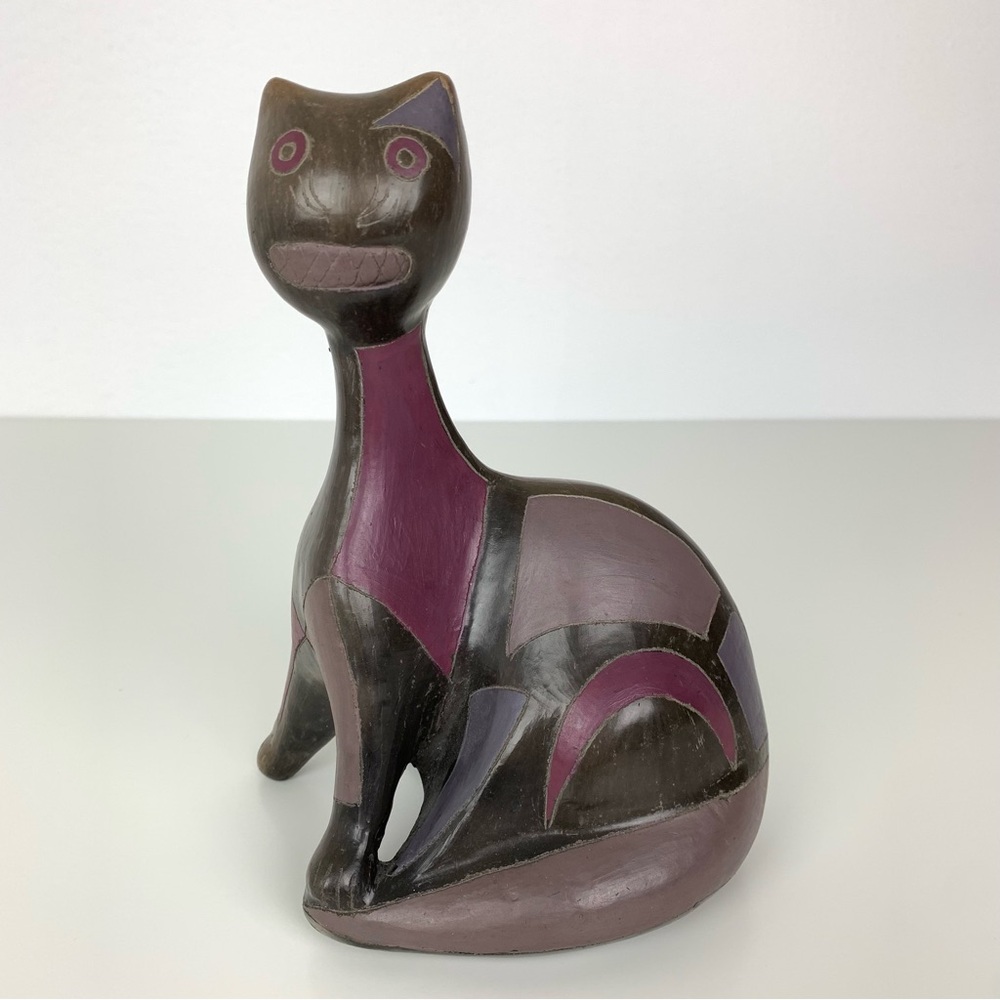 Art Pottery Cat Sculpture Figure Manuel Felguerez-style Black Purple Vtg Animal